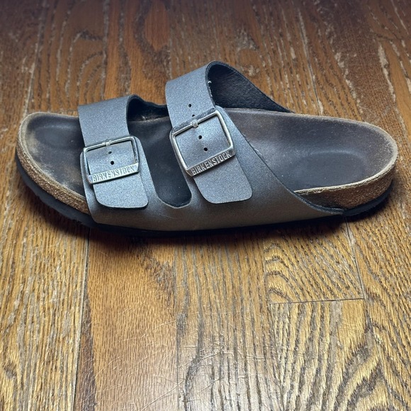 Birkenstock Shoes Silver Arizona Two Strap Sandals 38 8 Cork Footbed EVA Slides - Picture 1 of 7